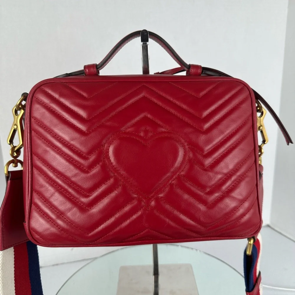 Gucci Red Quilted GG Marmont Crossbody Bag,  Leather And Guitar Straps